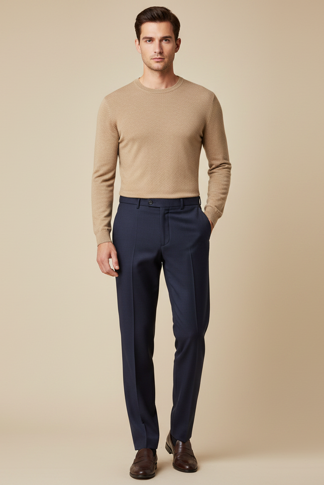 Pantalon À Pince Bleu Marine Laine Droit Formel Homme