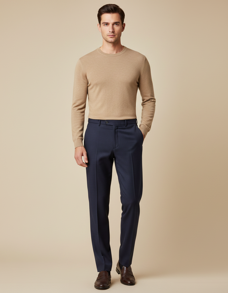 Pantalon À Pince Bleu Marine Laine Droit Formel Homme
