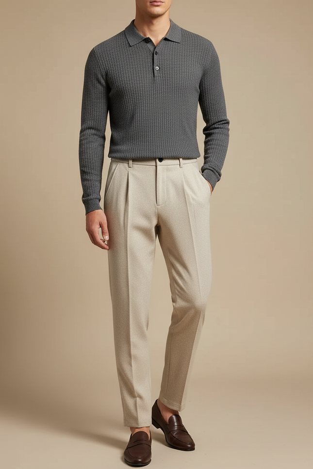 Pantalon À Pince Crème Laine Plissé Droit Homme - Beige
