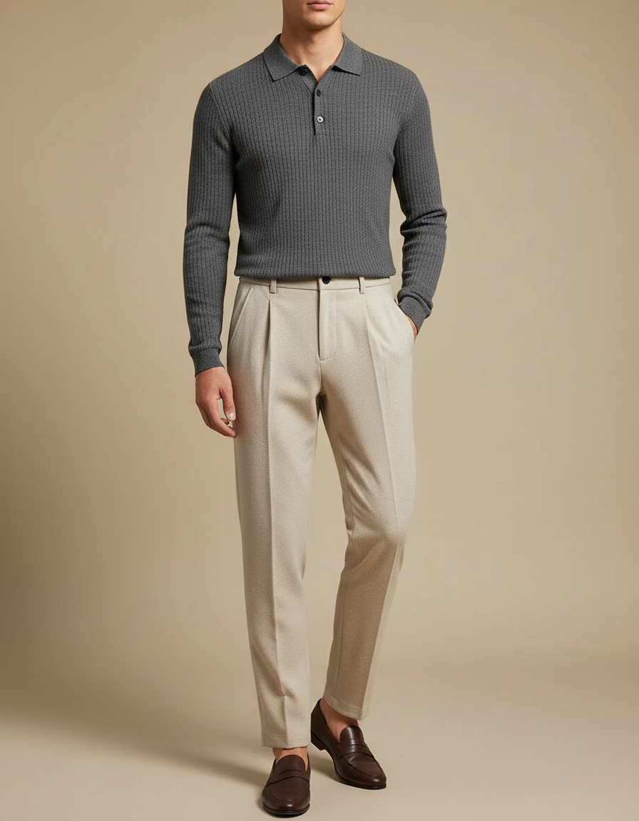 Pantalon À Pince Crème Laine Plissé Droit Homme - Beige