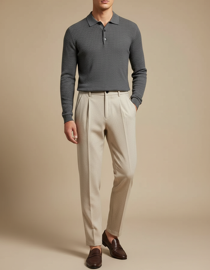 Pantalon À Pince Crème Laine Plissé Droit Homme - Beige