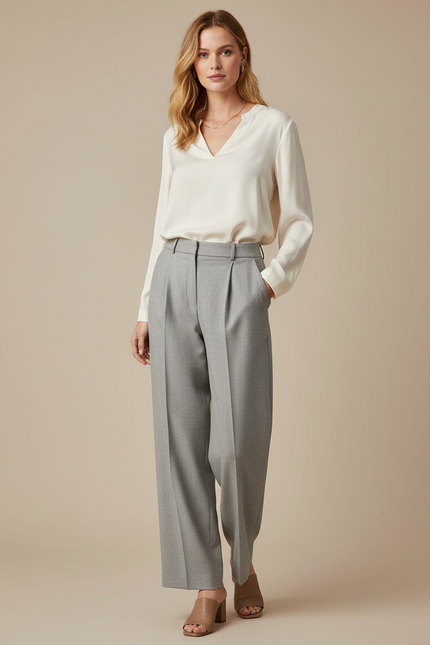 Pantalon À Pince Gris Plissé Ample Décontracté Femmes - Laine