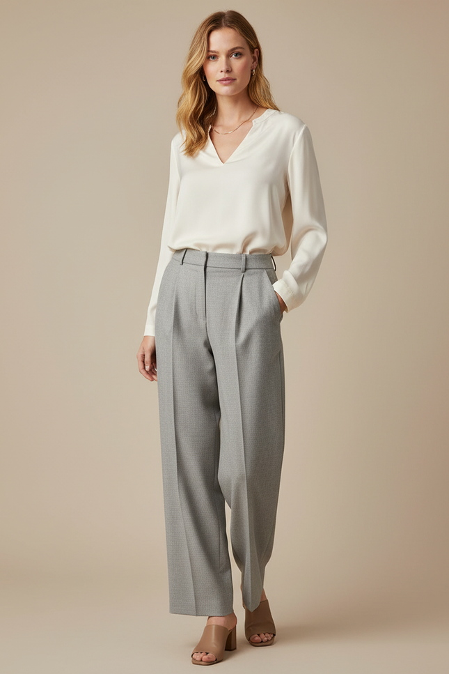 Pantalon À Pince Gris Plissé Ample Décontracté Femmes - Laine