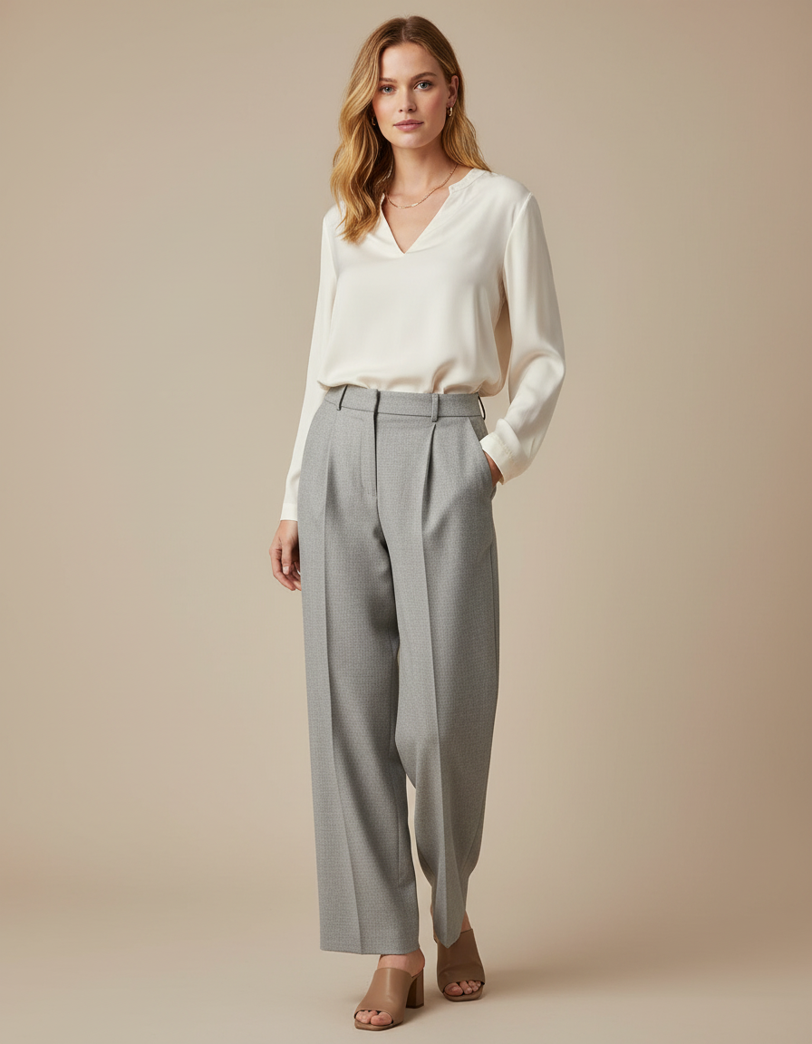 Pantalon À Pince Gris Plissé Ample Décontracté Femmes - Laine