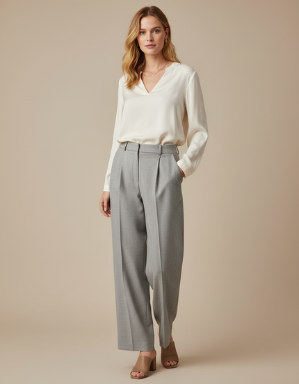 Pantalon À Pince Gris Plissé Ample Décontracté Femmes - Laine