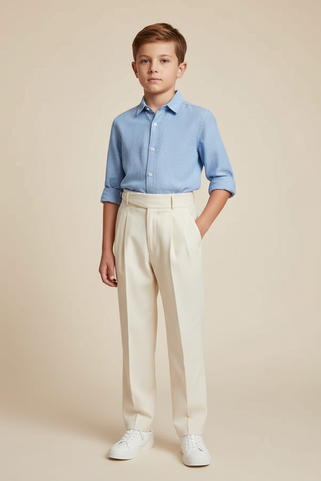 Pantalon À Pince Crème Plissé Droit Élégant Enfant - Beige Gabardine