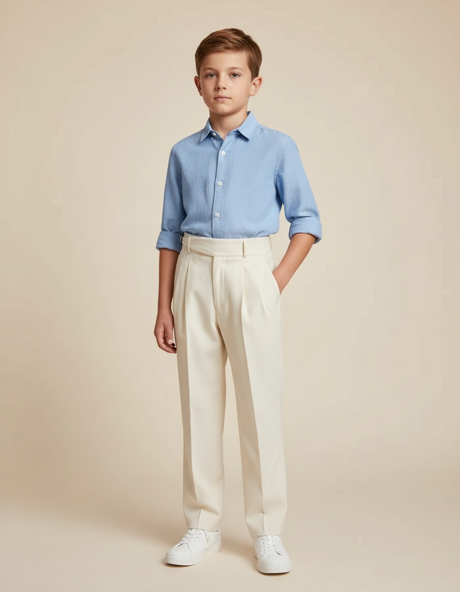 Pantalon À Pince Crème Plissé Droit Élégant Enfant - Beige Gabardine