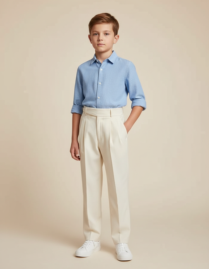 Pantalon À Pince Crème Plissé Droit Élégant Enfant - Beige Gabardine