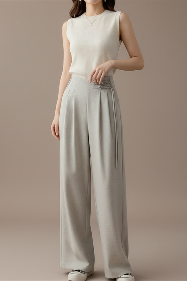 Pantalon À Pince Gris Lin Ample Plissé Élégant Femme