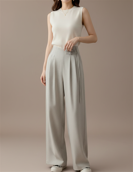 Pantalon À Pince Gris Lin Ample Plissé Élégant Femme