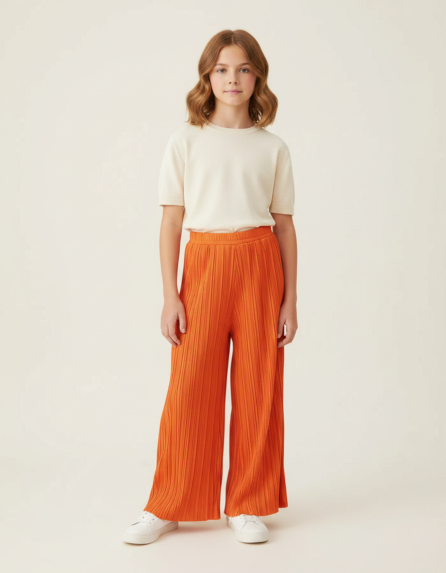 Pantalon À Pince Orange Plissé Ample Décontracté Enfant - Maille