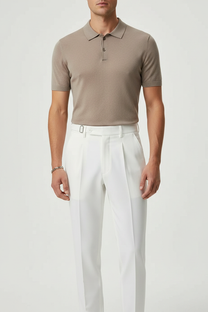 Pantalon À Pince Blanc Plissé Droit Élégant Homme - Gabardine
