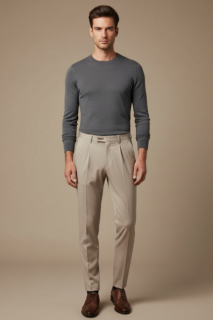 Pantalon À Pince Beige Clair Plissé Slim Homme Élégant - Gabardine