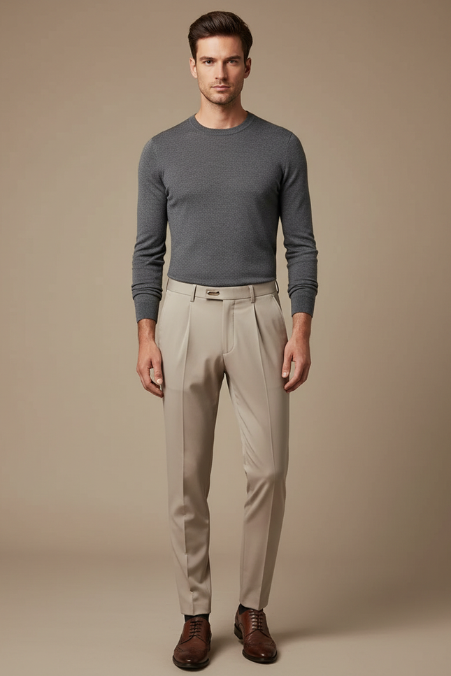 Pantalon À Pince Beige Clair Plissé Slim Homme Élégant - Gabardine
