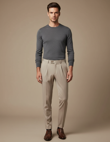 Pantalon À Pince Beige Clair Plissé Slim Homme Élégant - Gabardine