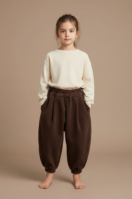 Pantalon À Pince Marron Côtelé Ample Élastique Enfant - Cordé