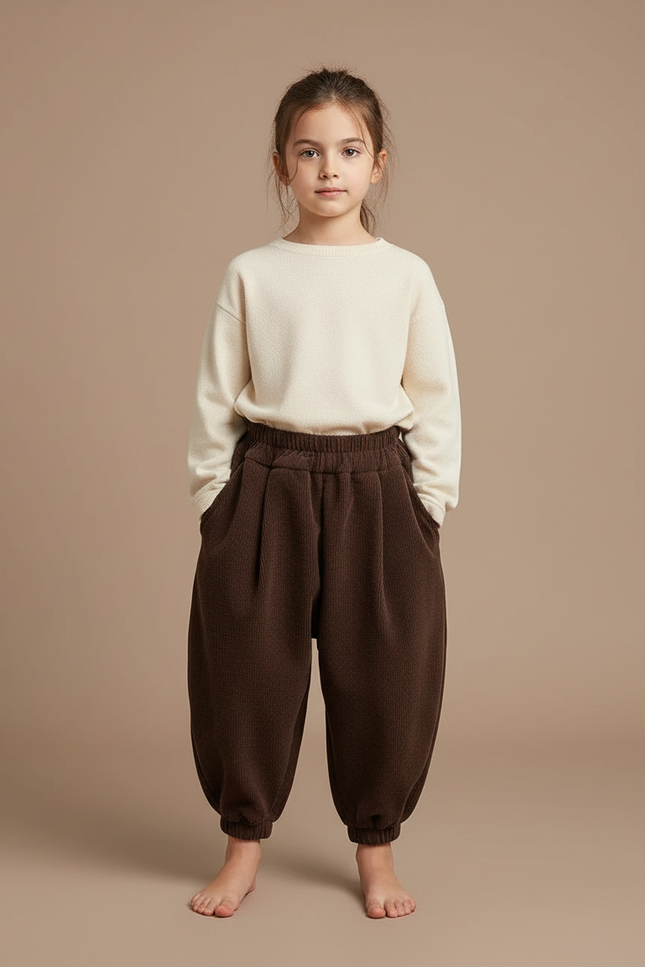 Pantalon À Pince Marron Côtelé Ample Élastique Enfant - Cordé