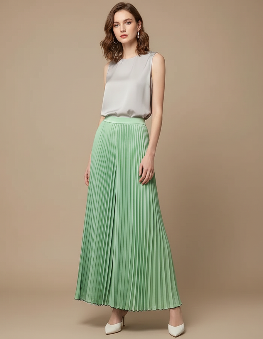 Pantalon À Pince Plissé Vert Menthe Fluide Élégant - Polyester