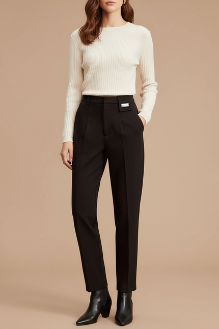 Pantalon À Pince Noir Fuselé Élégant Femme - Polyester