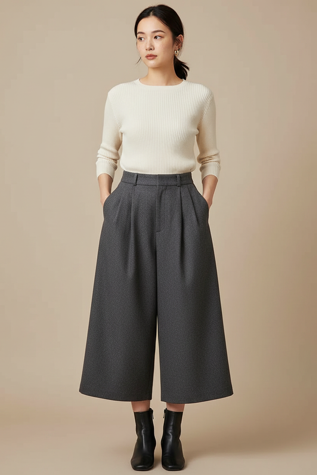 Pantalon À Pince Gris Anthracite Ample Plissé Femme - Laine