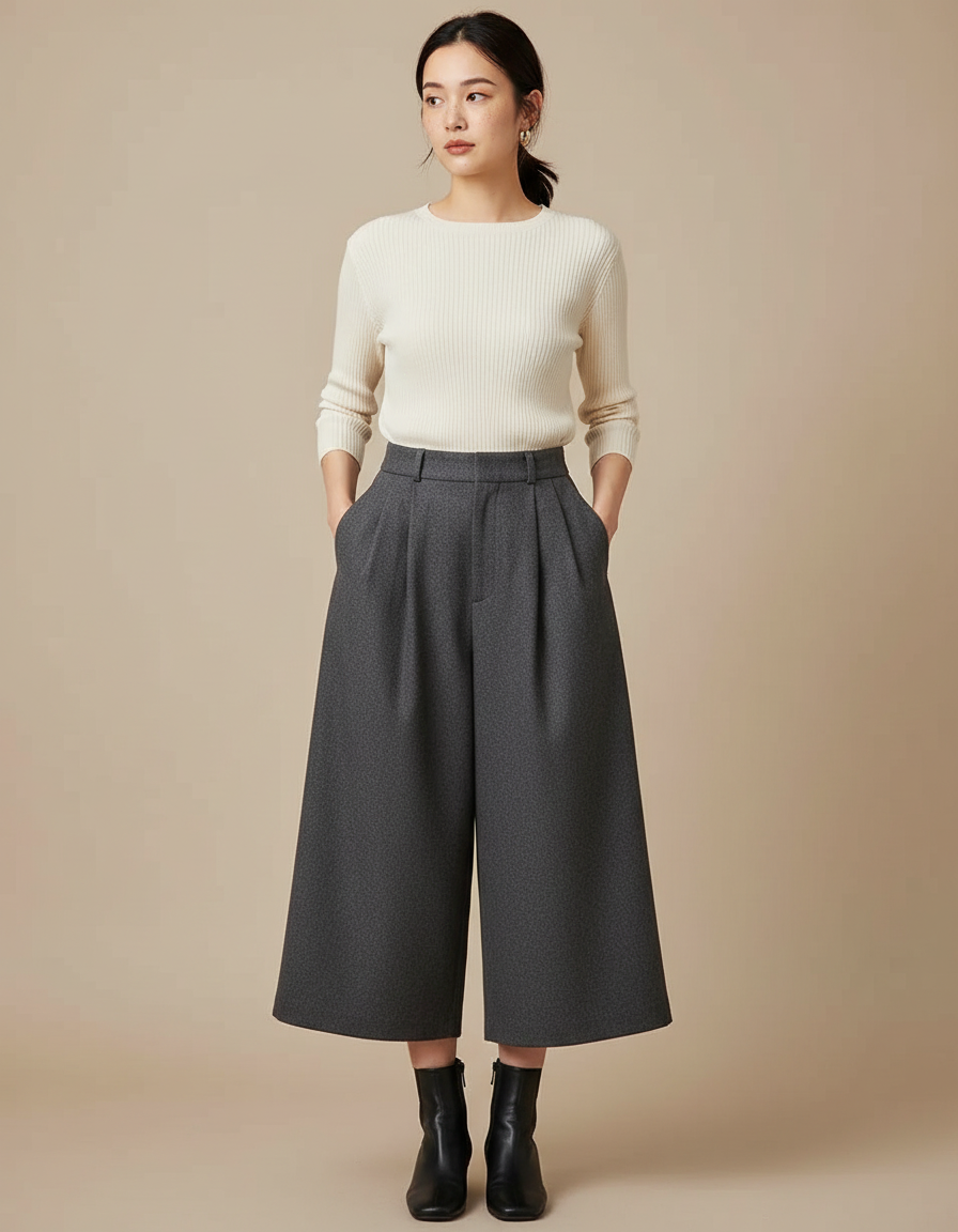 Pantalon À Pince Gris Anthracite Ample Plissé Femme - Laine