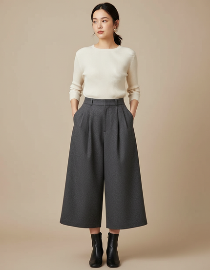 Pantalon À Pince Gris Anthracite Ample Plissé Femme - Laine