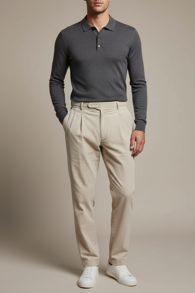 Pantalon À Pince Beige Côtelé Plissé Homme Élégant - Cordé