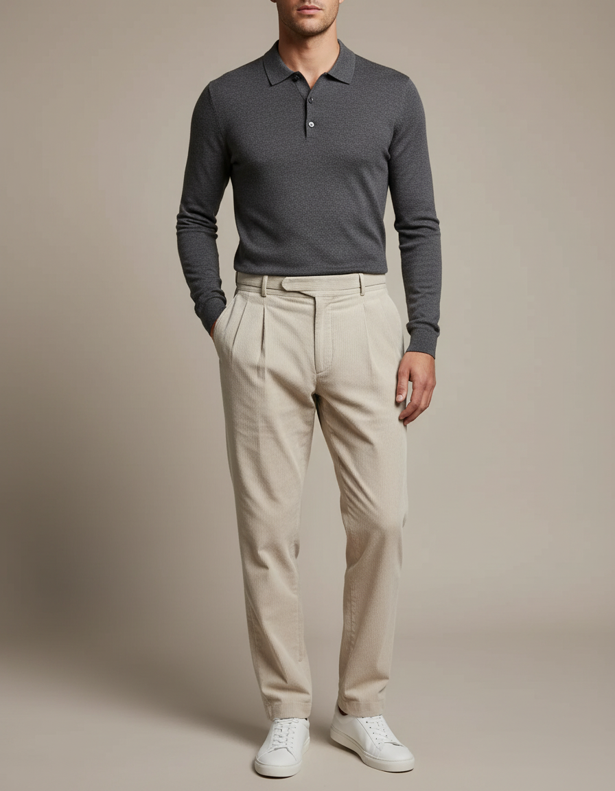 Pantalon À Pince Beige Côtelé Plissé Homme Élégant - Cordé