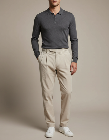 Pantalon À Pince Beige Côtelé Plissé Homme Élégant - Cordé