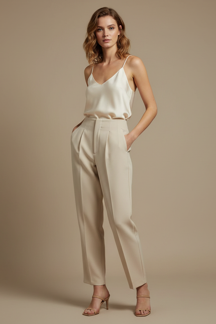 Pantalon À Pince Beige Taille Haute Plissé Fluide Élégant - Polyester