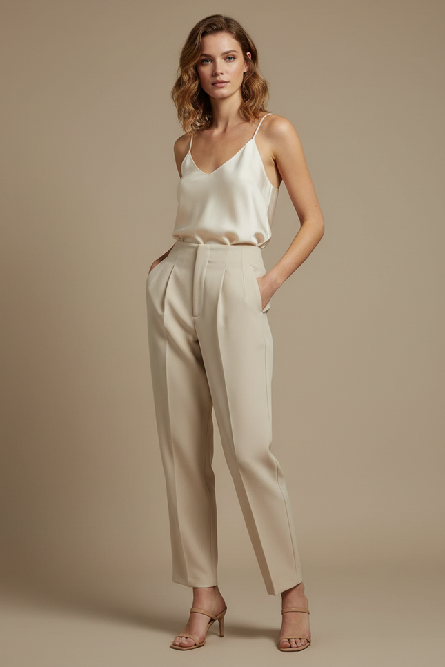 Pantalon À Pince Beige Taille Haute Plissé Fluide Élégant - Polyester