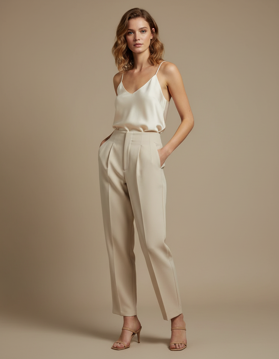 Pantalon À Pince Beige Taille Haute Plissé Fluide Élégant - Polyester
