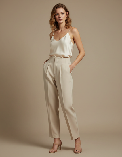 Pantalon À Pince Beige Taille Haute Plissé Fluide Élégant - Polyester