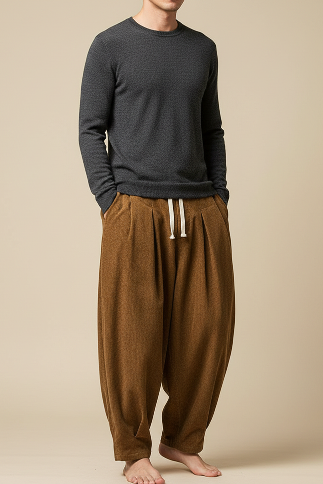 Pantalon À Pince Velours Côtelé Marron Harem Décontracté Homme