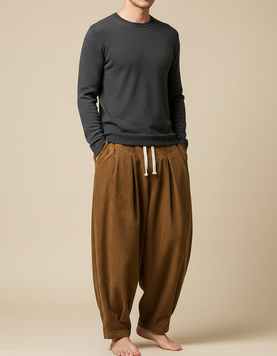 Pantalon À Pince Velours Côtelé Marron Harem Décontracté Homme