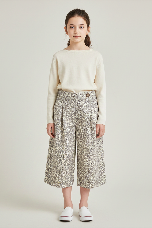 Pantalon À Pince Fleuri Évasé Décontracté Enfant Fille - Imprimé Tweed