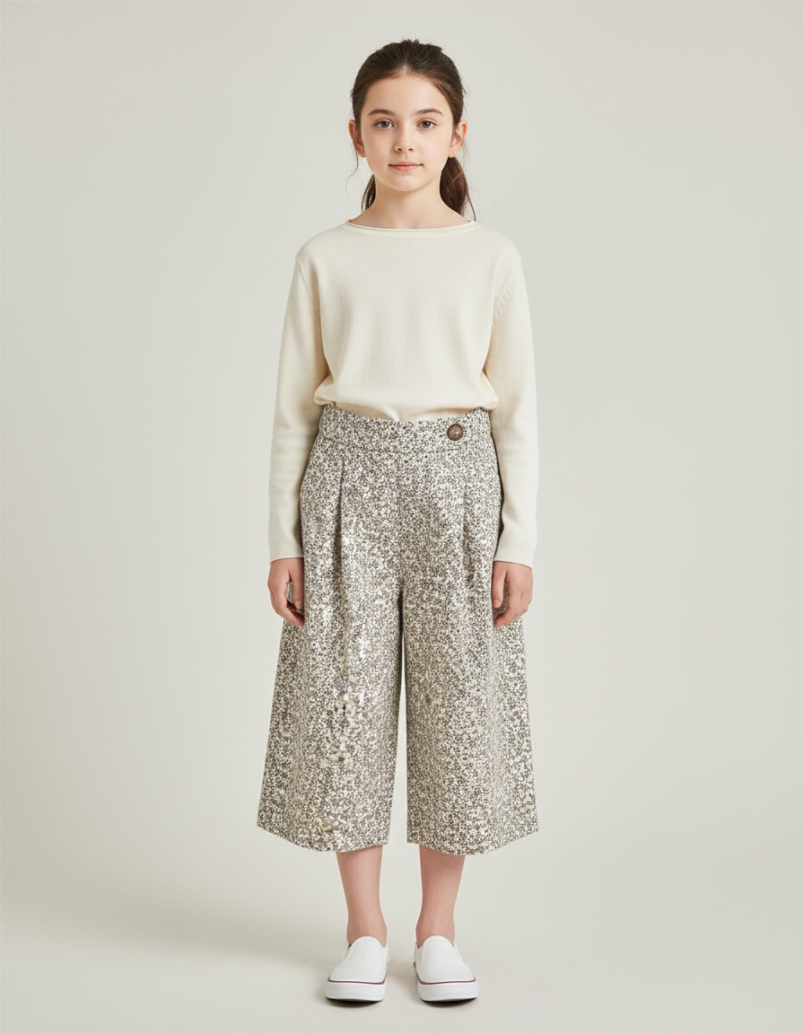 Pantalon À Pince Fleuri Évasé Décontracté Enfant Fille - Imprimé Tweed