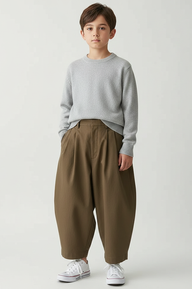 Pantalon À Pince Kaki Ample Plissé Décontracté Coton