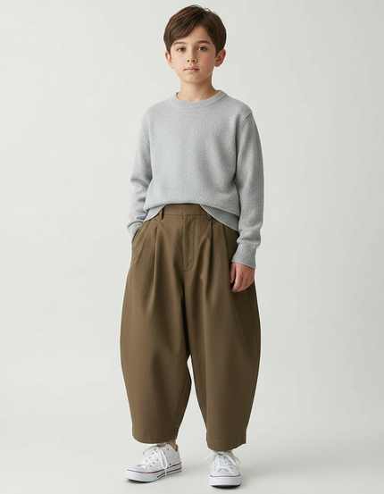 Pantalon À Pince Kaki Ample Plissé Décontracté Coton