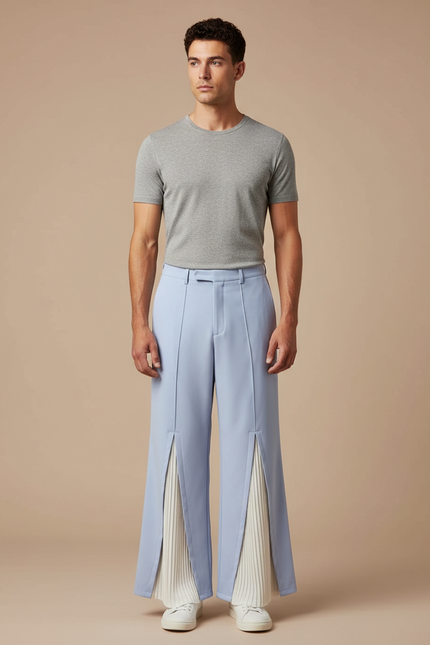 Pantalon À Pince Bleu Clair Plissé Ample Décontracté Homme - Gabardine