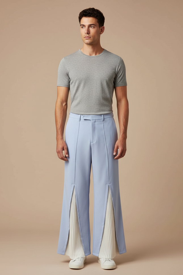 Pantalon À Pince Bleu Clair Plissé Ample Décontracté Homme - Gabardine