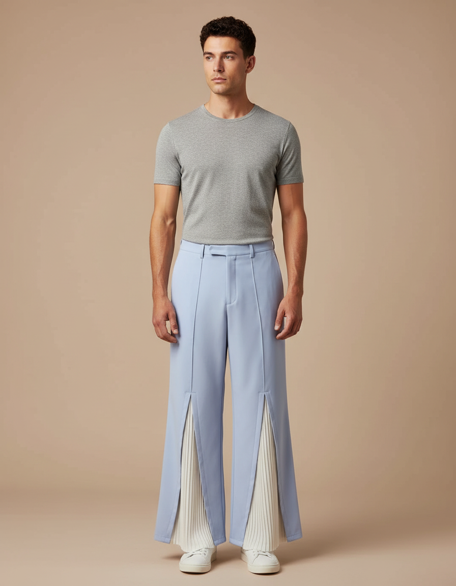 Pantalon À Pince Bleu Clair Plissé Ample Décontracté Homme - Gabardine
