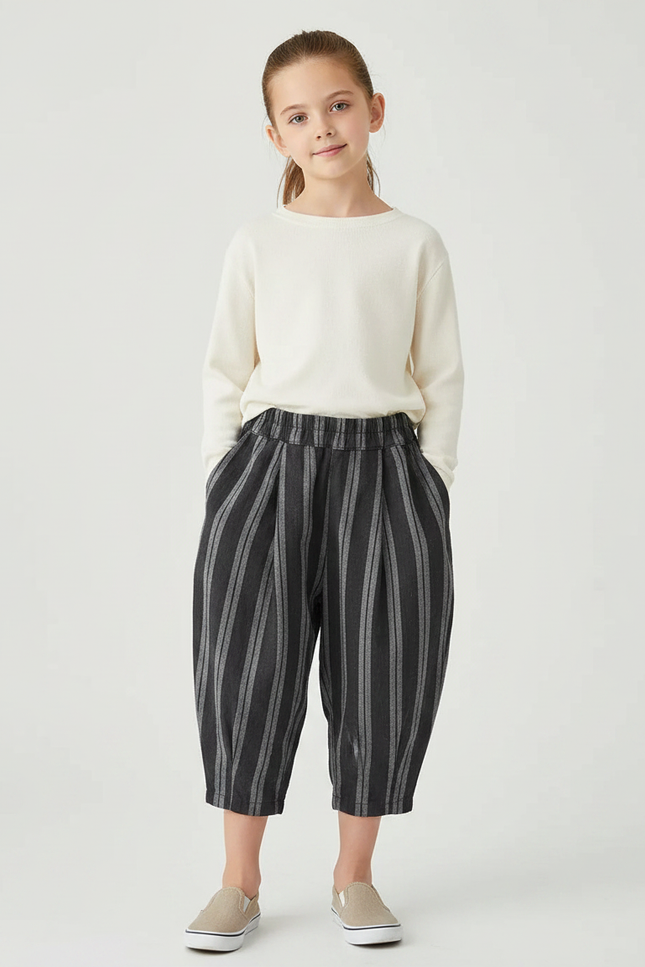 Pantalon À Pince Noir Rayé Coton Lin Ample