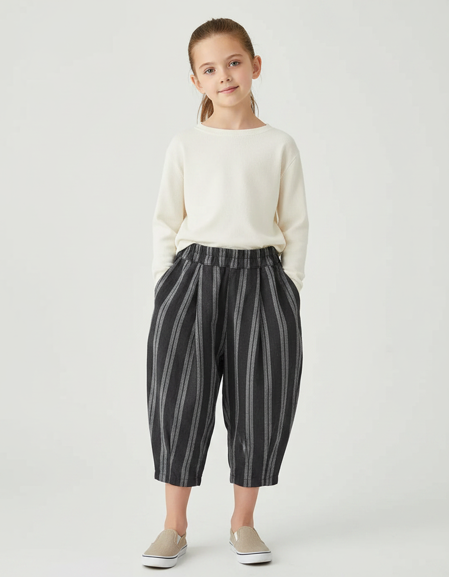 Pantalon À Pince Noir Rayé Coton Lin Ample