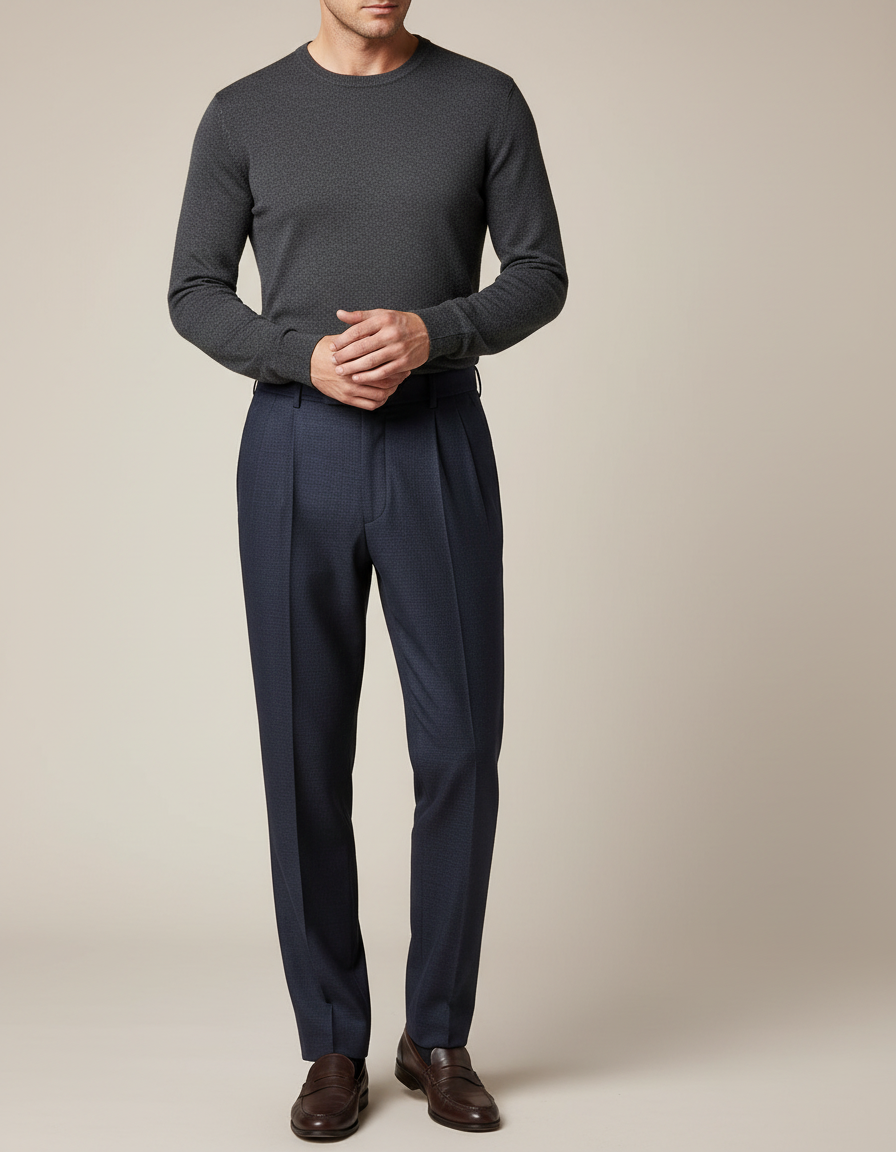 Pantalon À Pince Bleu Marine Plissé Motif Homme - Laine