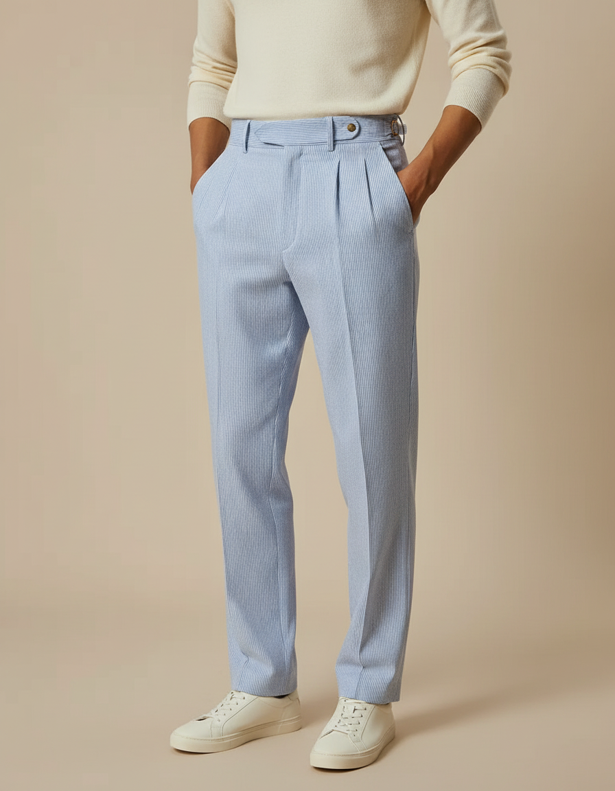 Pantalon À Pince Rayé - Bleu Coton
