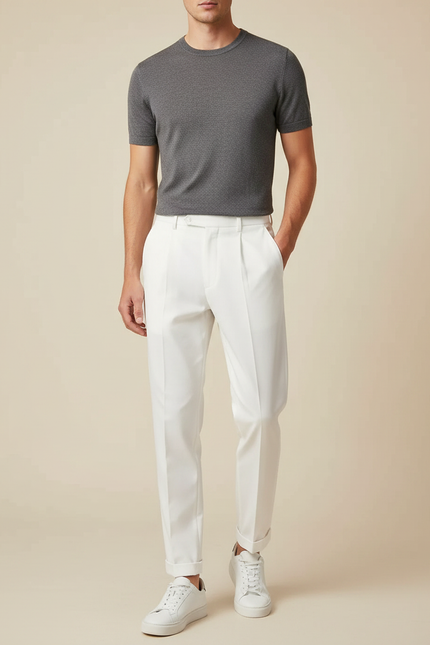 Pantalon À Pince Blanc Plissé Tapered Élégant Homme - Gabardine