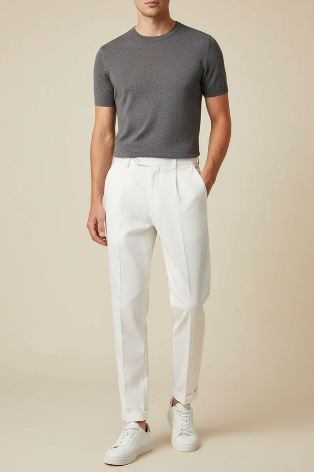 Pantalon À Pince Blanc Plissé Tapered Élégant Homme - Gabardine