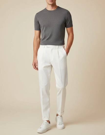 Pantalon À Pince Blanc Plissé Tapered Élégant Homme - Gabardine