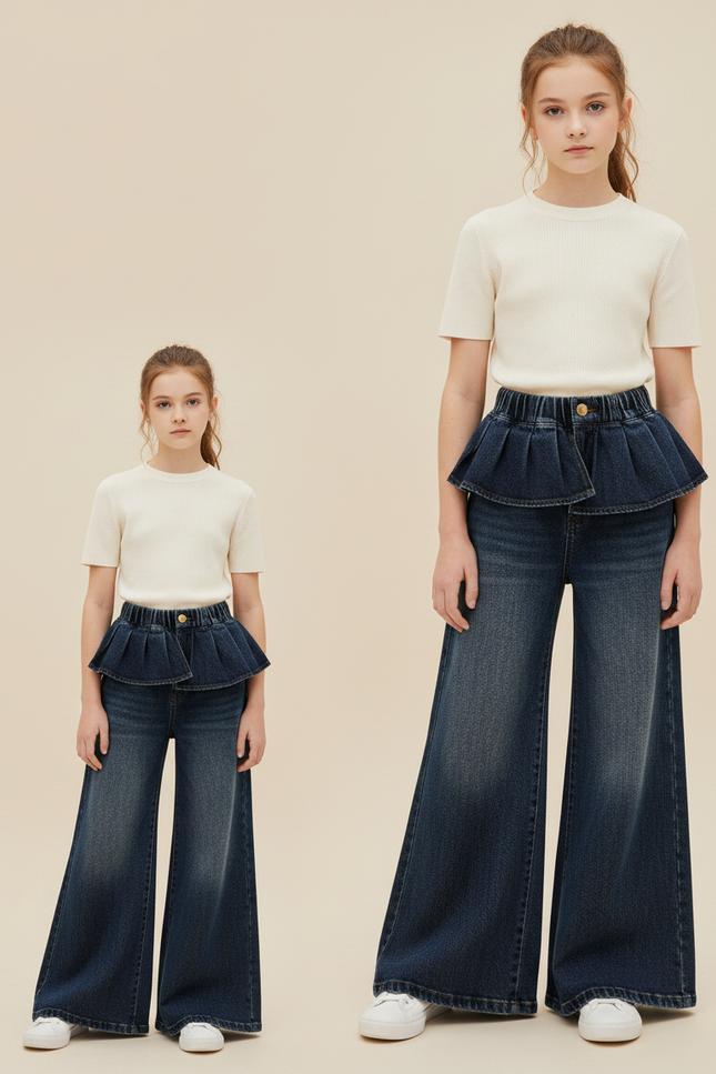 Pantalon À Pince Jean Bleu Volants Ample Fille